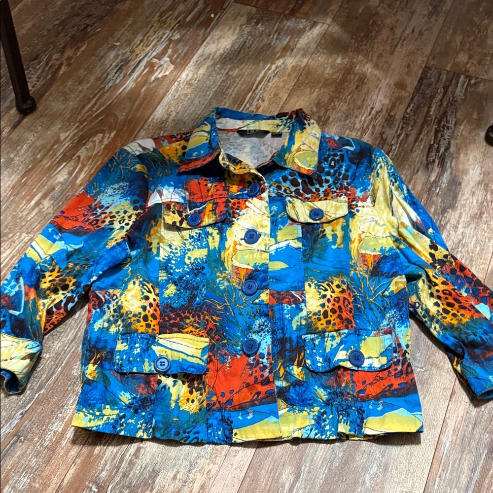 Toni morgan Petite Vibrant Abstract Printed Button-Up Jacket - Blue, Yellow, Red
